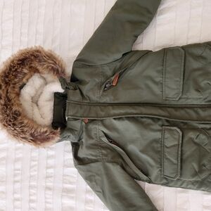 Olive Green Parka with Faux Fur Hood